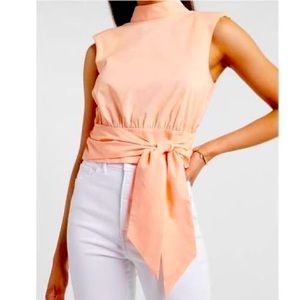 Cropped Tie Front Padded Shoulder Mock Neck Tank